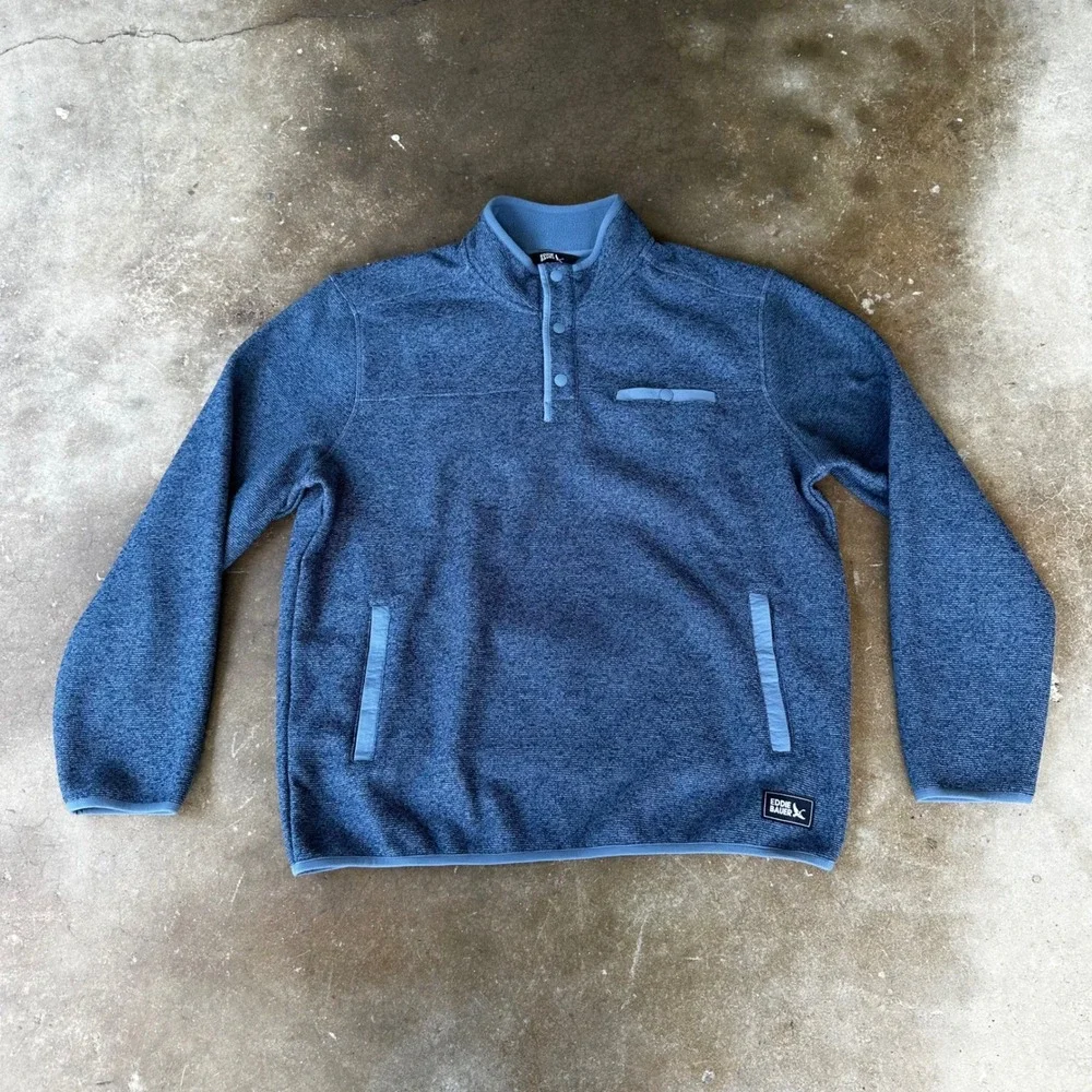 Eddie Bauer Fleece Pullover Mens Large Blue Excellent Heathered Snap Mock Neck